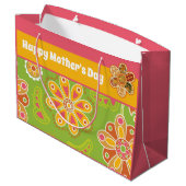 レトロフラワーグリーンピンクイエローハッピーマザーズデイ ラージペーパーバッグ (裏面アングル)