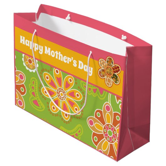 レトロフラワーグリーンピンクイエローハッピーマザーズデイ ラージペーパーバッグ (裏面アングル)