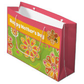 レトロフラワーグリーンピンクイエローハッピーマザーズデイ ラージペーパーバッグ (正面アングル)
