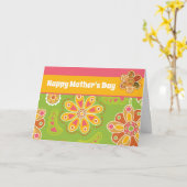 レトロフラワーグリーンピンクハッピーマザーズデイ カード (黄色い花)
