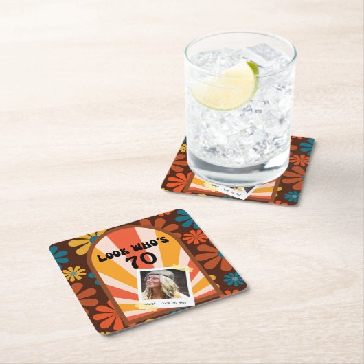 レトロフラワーサンライズフォト誕生日紙コースター スクエアペーパーコースター (インサイチュ)