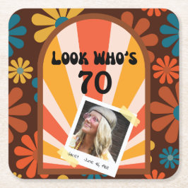 レトロフラワーサンライズフォト誕生日紙コースター スクエアペーパーコースター