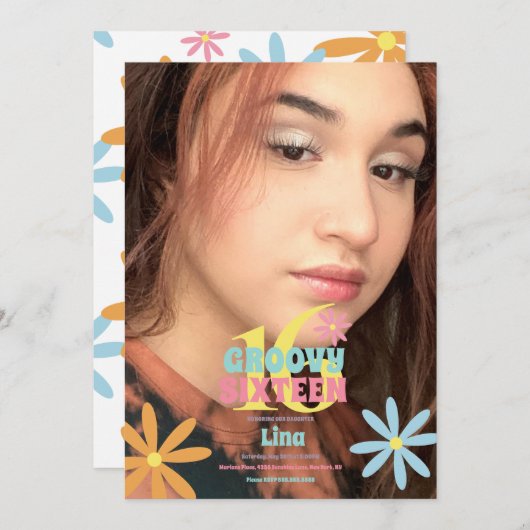 レトロフラワースウィート16誕生日パーティーフォト 招待状 (正面/裏面)