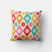 レトロフラワーズオンカラフルハーレクインダイヤモンド クッション (正面)