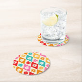 レトロフラワーズオンカラフルハーレクインダイヤモンド ラウンドペーパーコースター (インサイチュ)