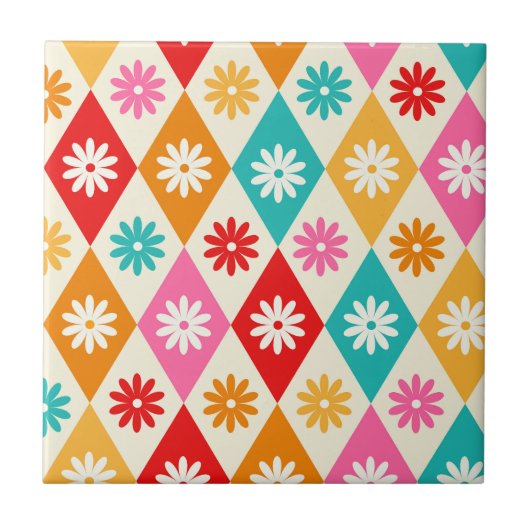 レトロフラワーズオンミッドセンチュリーハーレクインダイヤモンド タイル (正面)