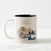 レトロフラワーズパンプキンズデニム格言感謝祭 ツートーンマグカップ (左)