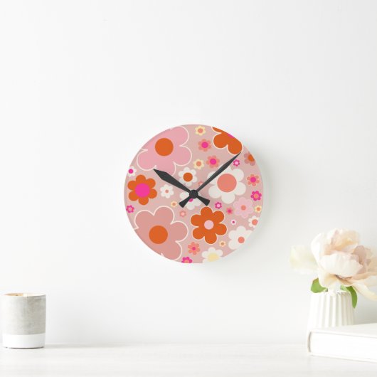 レトロフラワーズピーチ赤面ピンクオレンジフローラ ラウンド壁時計 (ホーム)