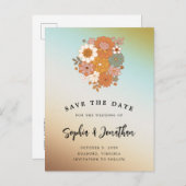 レトロフラワーパワーQRコードウェディング日付を保存 案内ポストカード (正面/裏面)