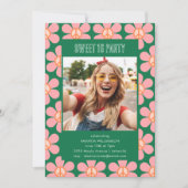 レトロフラワーピースピンクグリーン甘い16パーティー写真 招待状 (正面)
