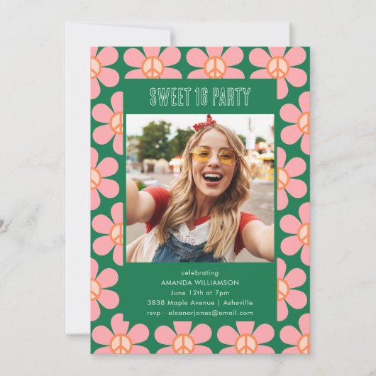 レトロフラワーピースピンクグリーン甘い16パーティー写真 招待状 (正面)