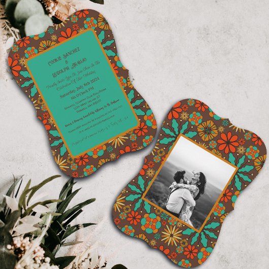 レトロフラワーブラウンティール（緑がかった色）レッドフローラgroovy 60s