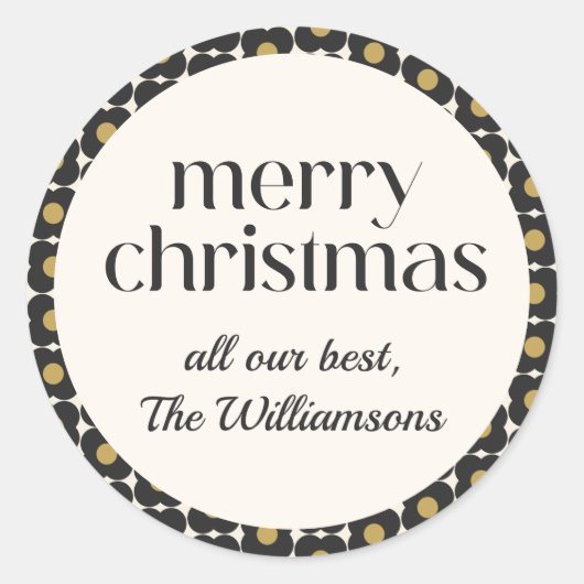 レトロフラワーブラック金ゴールドクリスマスホリデーカスタム ラウンドシール (正面)