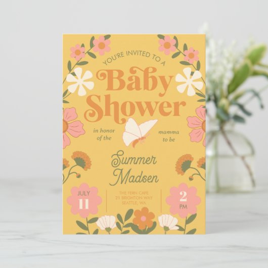レトロフラワーマスタードイエローベビーシャワー招待状 招待状 (スタンド正面)