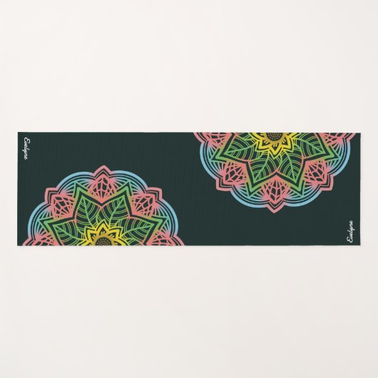 レトロフラワーマンダラパーソナライズされた ヨガマット (正面(横))