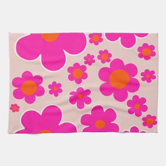 レトロフラワーマーケットフローレンス抽象芸術ピンクフローラ キッチンタオル (横)