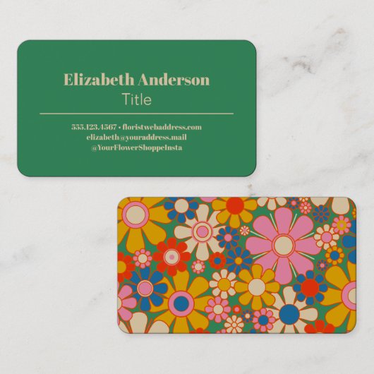 レトロフラワーGroovy カラフル 60sフローラ 名刺 (正面/裏面)