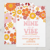 レトロフラワーNine is a Vibe 9歳の誕生日 招待状 (正面/裏面)
