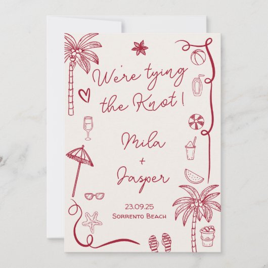 レトロフランスのビーチシーサイドイラストレーション結婚ズ 招待状 (正面)