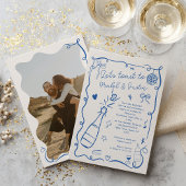 レトロフランスのブルー図解入りの、写真付きのフォト婚約 招待状