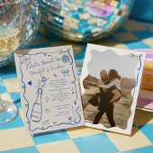 レトロフランスのブルー図解入りの、写真付きのフォト婚約 招待状