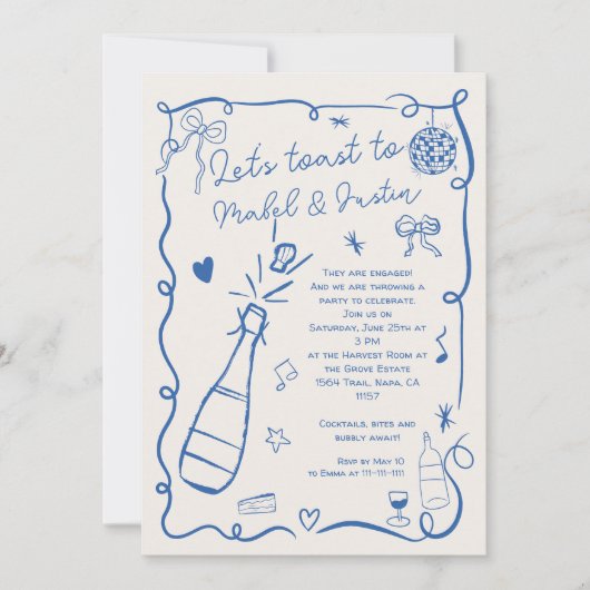 レトロフランスのブルー図解入りの、写真付きのフォト婚約 招待状 (正面)