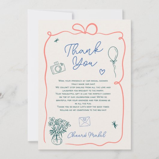レトロフランスの手描き図解入りの、写真付きのブライダルシャワー サンキューカード (正面)
