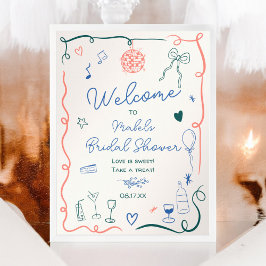 レトロフランスの手描き図解入りの、写真付きのブライダルシャワー ポスター