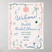 レトロフランスの手描き図解入りの、写真付きのブライダルシャワー ポスター (正面)