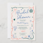 レトロフランスの手描き図解入りの、写真付きのブライダルシャワー 招待状 (正面)