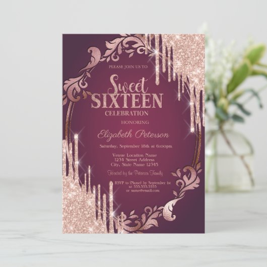 レトロフレームバラ金ゴールドグリッタードリプスブルゴーニュ 招待状 (スタンド正面)