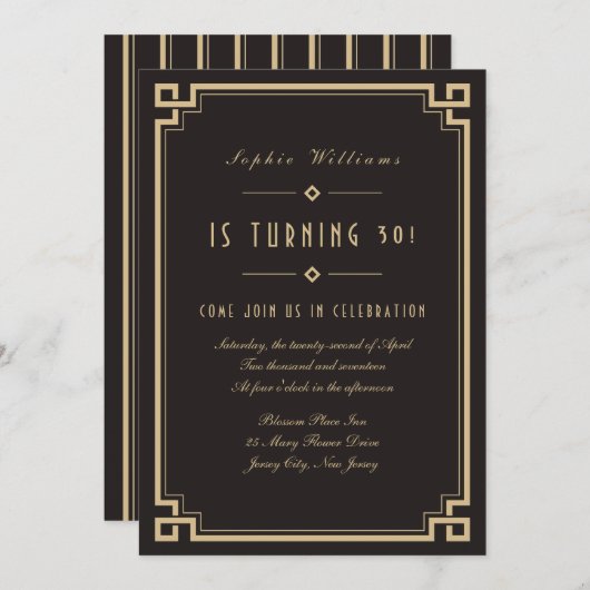 レトロフレーム アートデコ ダーク バースデー インビテーション (正面/裏面)