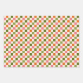 レトロフローラとチェッカーボードピンクオレンジグリーン ラッピングペーパーシート (正面)