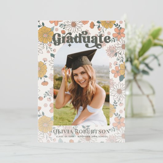 レトロフローラアーチ写真の卒業発表 招待状 (スタンド正面)