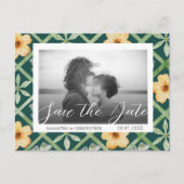 レトロフローラエメラルドフォト日付の結婚保存 ポストカード (正面)