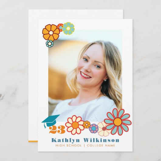 レトロフローラエレガントスクリプトシック写真卒業 招待状 (正面/裏面)