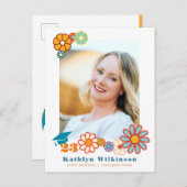 レトロフローラエレガントスクリプトシック写真卒業 案内ポストカード (正面/裏面)