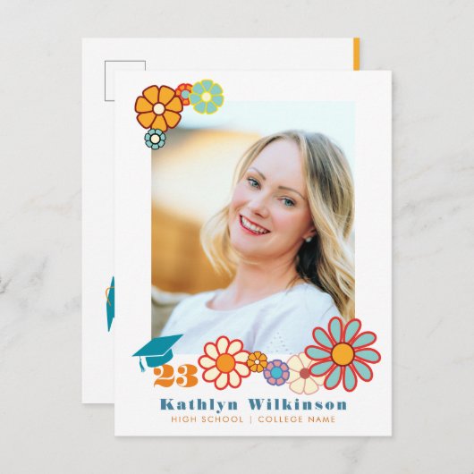 レトロフローラエレガントスクリプトシック写真卒業 案内ポストカード (正面/裏面)