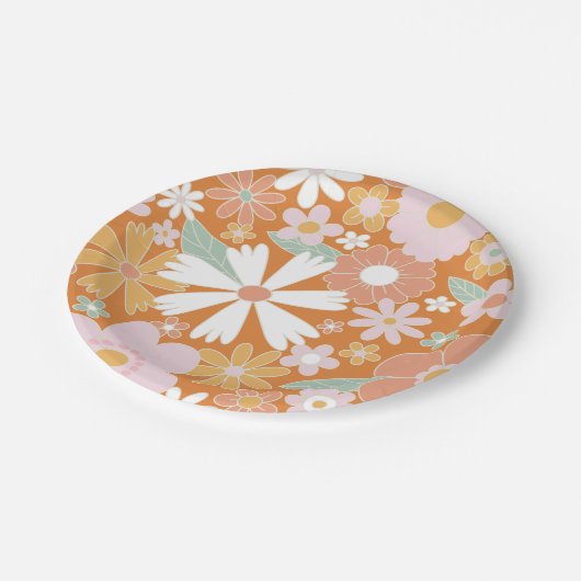 レトロフローラオレンジピンク誕生日紙プレート ペーパープレート (アングル)