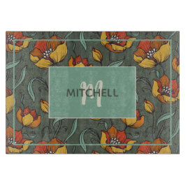 レトロフローラオレンジ金ゴールドティール（緑がかった色） パーソナライズされた カッティングボード