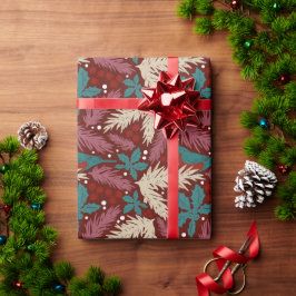レトロフローラクリスマスレッドティール（緑がかった色）パターン ラッピングペーパー