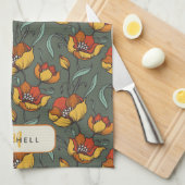 レトロフローラグリーン金ゴールドオレンジパーソナライズされた キッチンタオル (四つ折り)