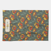レトロフローラグリーン金ゴールドオレンジパーソナライズされた キッチンタオル (横)
