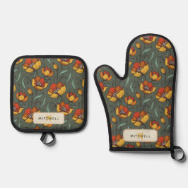 レトロフローラグリーン金ゴールドオレンジパーソナライズされた 鍋つかみ&鍋敷きセット