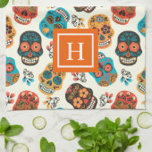 レトロフローラスカルパターンモノグラム キッチンタオル (折り畳み)