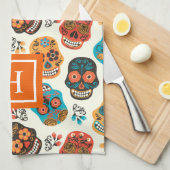 レトロフローラスカルパターンモノグラム キッチンタオル (四つ折り)