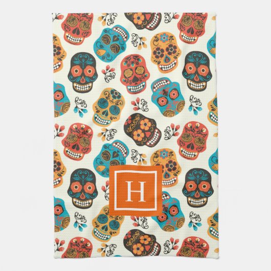 レトロフローラスカルパターンモノグラム キッチンタオル (縦)