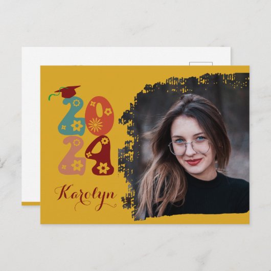 レトロフローラスクリプトシック写真卒業 インビテーションポストカード (正面/裏面)