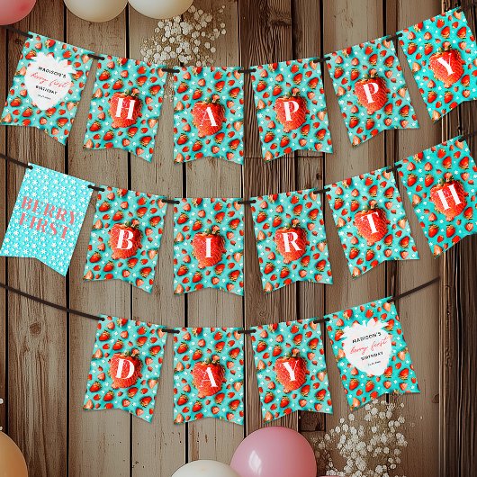レトロフローラストロベリーキュートベリー1st誕生日 バンティングフラッグ
