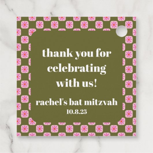 レトロフローラチェッカーボードピンクグリーンバルミツワー フェイバータグ (裏面)